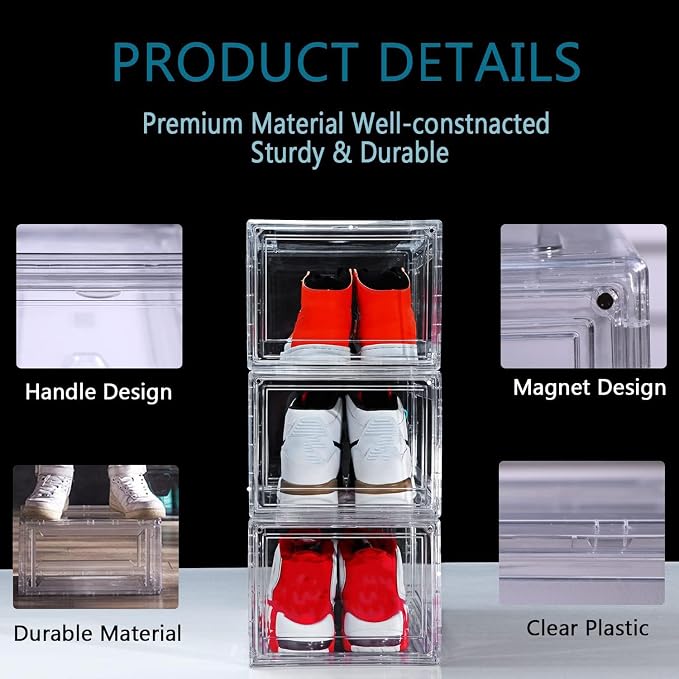 12 Pack Shoe Boxes, Rigid Clear Acrylic Panels Sneaker Display Cases | Magnetic Stackable Drop Front Shoe Storage Container Fits Men’s Size 15 - Image 4