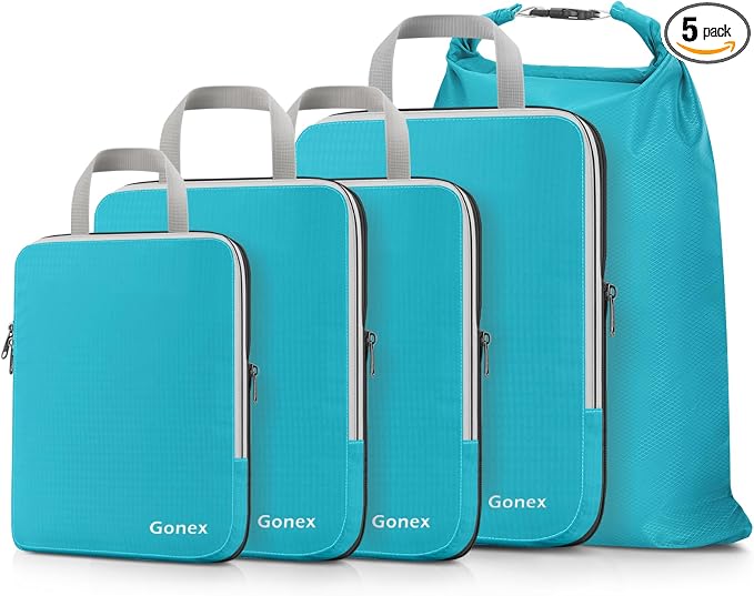 Gonex Compression Packing Cubes, 5pcs Expandable Storage Travel Luggage Bags Organizers with Laundry Bag (Blue) by Gonex