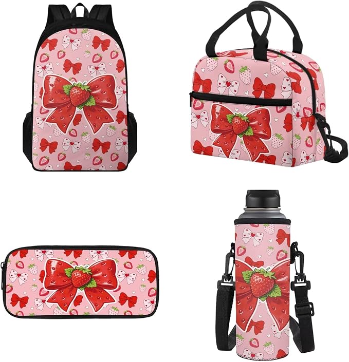Girls Strawberry Bow Backpack Set of Water Bottle Sleeve Lunch Box Pencil Case for School, School Backpack Kids Student Bookbag, Back to School Gifts for Girl by Tomeusey