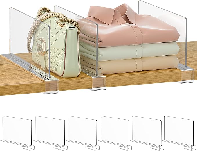 Purse Organizer for Closet Shelf Dividers: 6-inch Tall(Shorter Version) Adjustable Clear Acrylic Bag Storage Organizer for Handbags, Sweaters, Towels, Jeans and Shoes on Wood Shelves 6-Pack by Saccik
