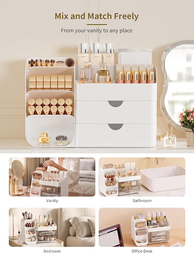 Booklov Small Makeup Organizer for Vanity and Bathroom Countertop, White | Plastic Cosmetic Display Case with Drawers, Beauty Brush Holder for Dresser Counter, Storage Skin Care Eyeshadow Lipstick - Image 7