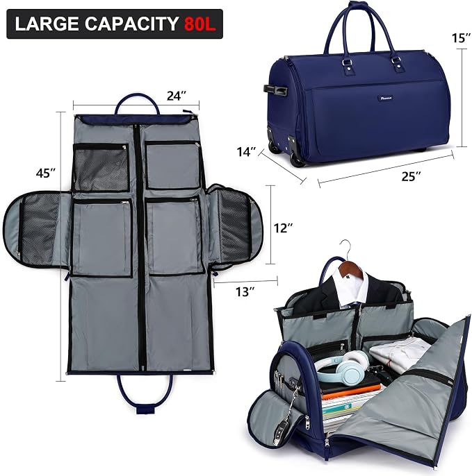 Modoker Rolling Garment Bags, 25in Large Garment Duffle Bag with Wheels, 3 in 1 Garment Suit Luggage Bag, Not Standard Carry-On Size for Women Men Business Travel Weekender, Blue - Image 2