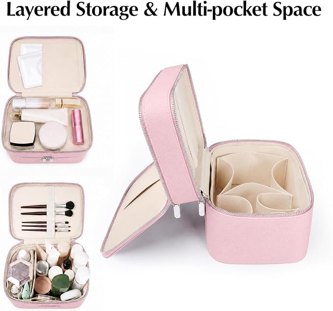 Makeup Case,Leather Double Layer Makeup Bag Duo,Large Portable Travel Toiletry Case Cosmetic Organizer for Women - Image 4