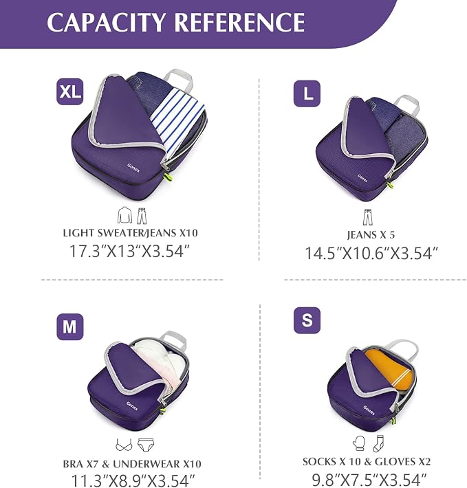Gonex Compression Packing Cubes, 4pcs Expandable Storage Travel Luggage Bags Organizers (Purple) - Image 6