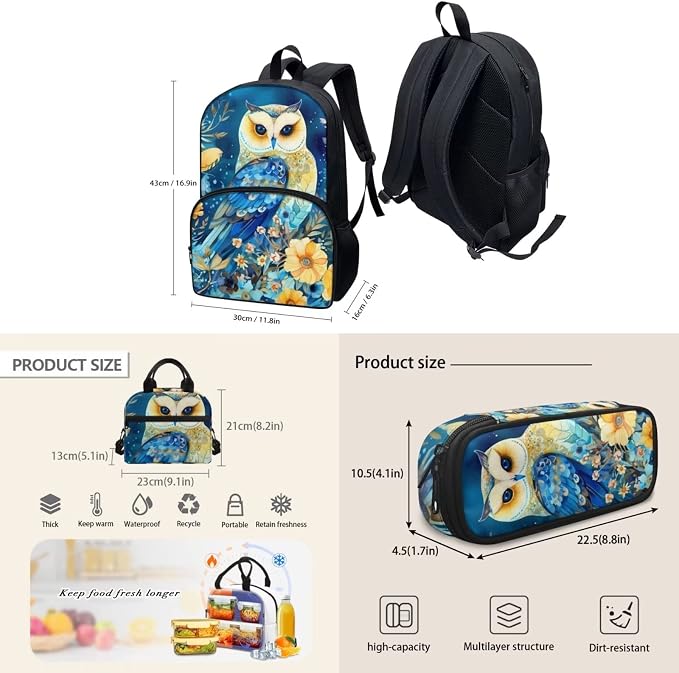 Blue Floral Owl Backpack with Lunch Box and Pencil Case Girls Comfy Padded Cute School Backpack Set of 3 Bookbag for Student Lightweight Large Capacity Daypack - Image 4