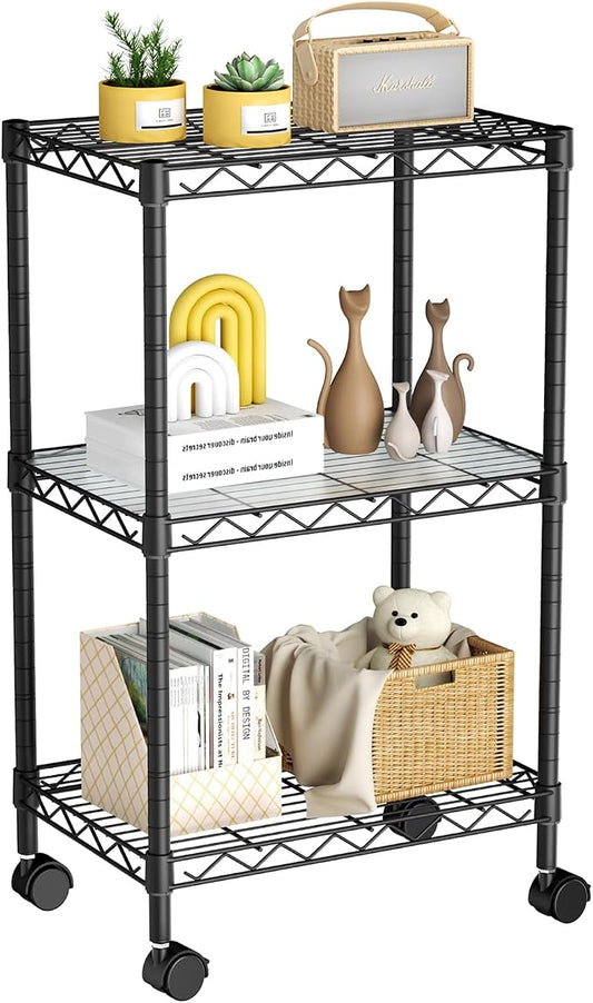 Golpart Small 3 Tier Shelves Storage Wire Shelving Unit Metal Shelf Adjustable Organizers Storage Shelving with Wheels for Bathroom Laundry Room Kitchen Pantry11.7”D x 17.7”W x 30.7”H Black by Golpart