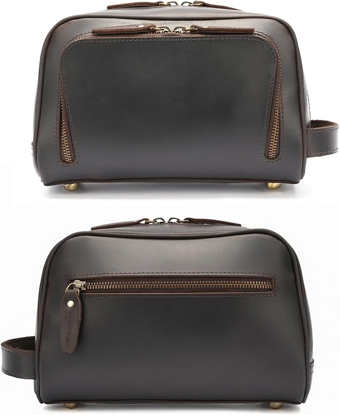 Polare Vintage Full Grain Leather Handmade Travel Toiletry Bag for Men - Dopp Kit - Shaving Kit with YKK Metal Zippers A-Dark Brown - Image 3