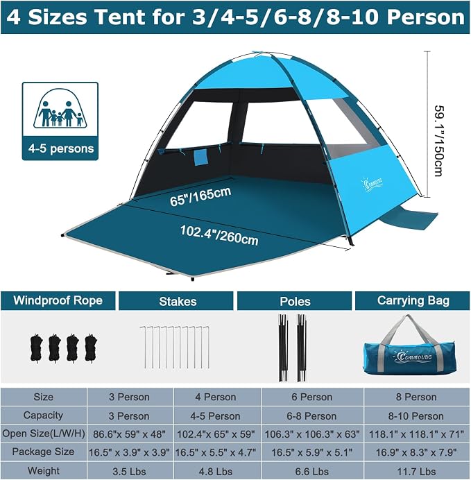 COMMOUDS Beach Tent Sun Shelter for 3/4/6/8 Person, UPF 50+ UV Protection Beach Shade Canopy Tent, Lightweight, Easy Set Up and Carry - Image 2