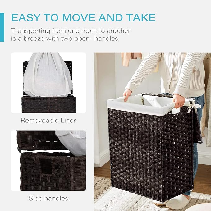 Paylesshere Laundry Hamper Handwoven Laundry Basket 90L/110L Foldable Rattan Laundry Hamper With Lid,2 Removable Liner Bags & 6 Laundry Bags,Clothes Hamper for Bathroom, Brown - Image 4