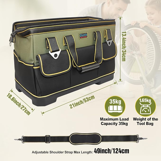 Tool Bag, Ounic 20 Inch Large Tool Tote Bag Heavy Duty With Waterproof Molded Base, Wide Mouth Tool Box Organizer with Adjustable Shoulder Strap for Electrician Mechanic Craftsman Plumbers(Green) - Image 2