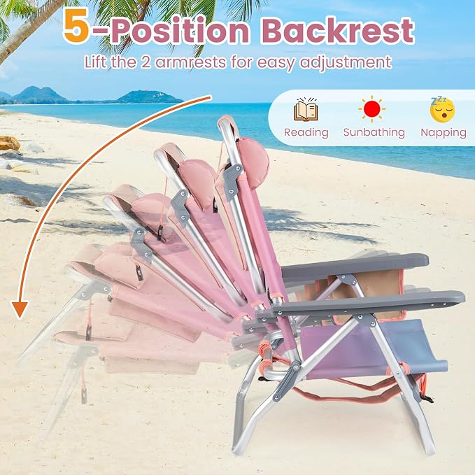 Giantex Folding Beach Chair, Patio Sling Chairs with 5 Adjustable Position, Head Pillow, Storage Bag, Towel Bar, Cup Holders, Backpack Chairs for Sunbathing, Camping Chair - Image 3