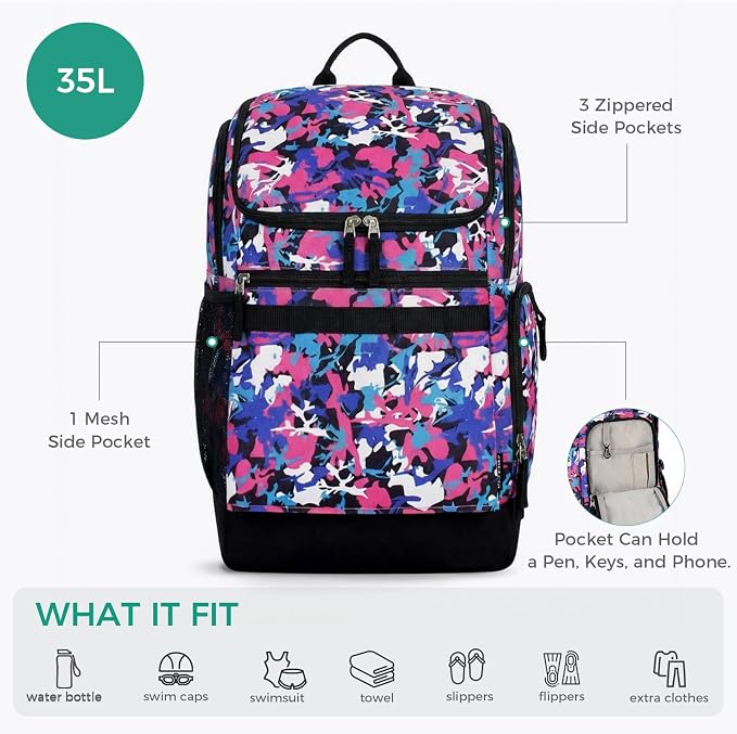 Choco Mocha Swim Bag for Kids Swim Bag for Swimmers, 35L Waterproof Girls Swims Backpack with Wet Dry Compartments, Organized Pool & Beach Bags, Camo Pink - Image 4