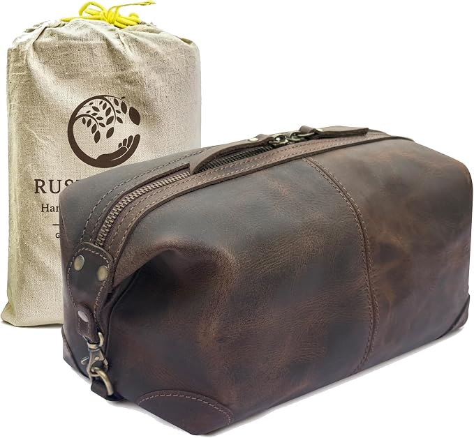 RUSTIC TOWN Full Grain Leather Toiletry Bag for Men & Women – Handcrafted Travel Dopp Kit – Large Water-Resistant Makeup & Shaving Organizer, Hunter Brown by RusticTown