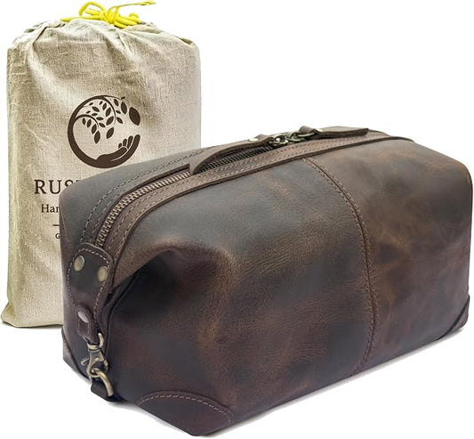 RUSTIC TOWN Full Grain Leather Toiletry Bag for Men & Women – Handcrafted Travel Dopp Kit – Large Water-Resistant Makeup & Shaving Organizer, Hunter Brown by RusticTown