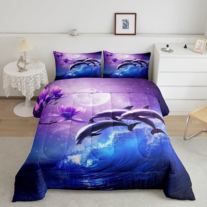 Galaxy Dolphin Bedding Set King Coastal Ocean Waves Comforter Set Night Star Moon Cherry Blossoms Comforter for Kids Girls Teens Sea Animal Starry Sky Quilt Duvet Purple Blue Marine Room Decor 3 Pcs - Image 2