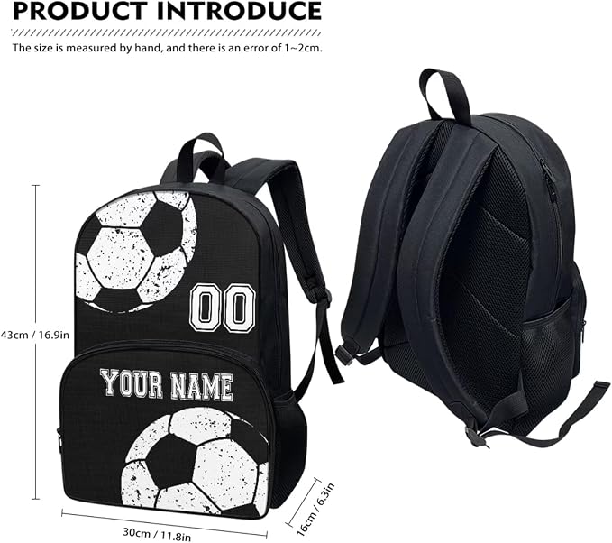 Customized Soccer Football Black School Bookbag Set for Boys Girls 4 Piece Ball Laptop Backpack Lightweight Lunch Bag Carry on Backpack Pencil Pen Pouch Organizer Water Bottle Bags - Image 2