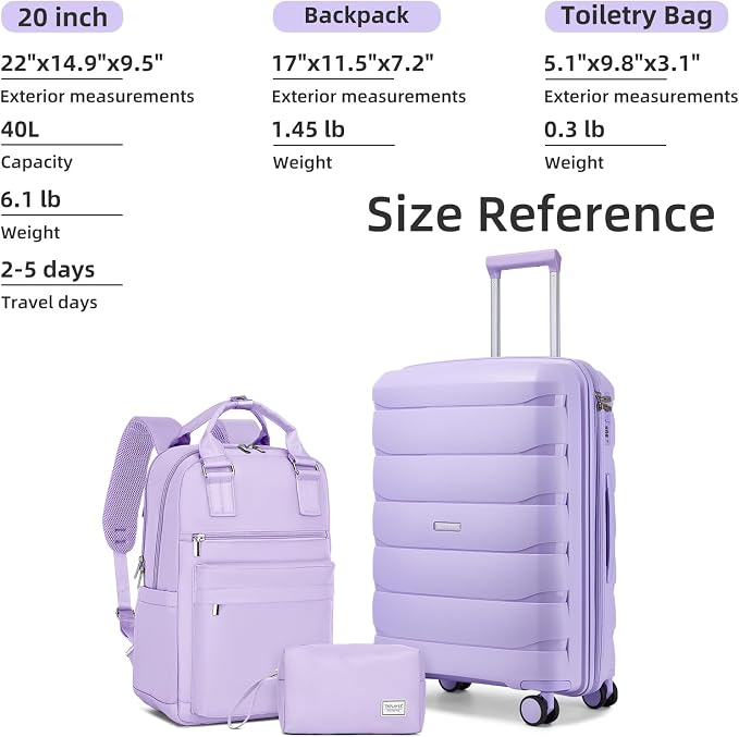 Carry On Luggage 22x14x9 Airline Approved, 22 Inch PP Hardshell Luggage Carry-on Suitcase with Spinner Wheels, Carry On Suitcase Set for Women (Lavender) - Image 6