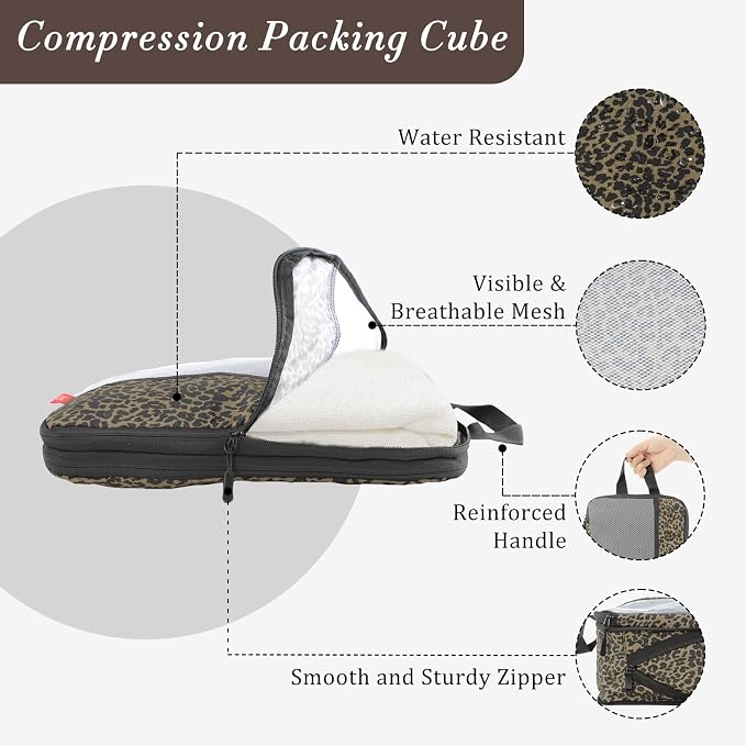 U+U 6 Set Compression Packing Cubes - Ultralight Travel Organizers with Laundry Bag, Space-Saving Suitcase Organizer, Expandable Packing Cubes for Travel, Business Trip and Family Vacation (Leopard) - Image 2