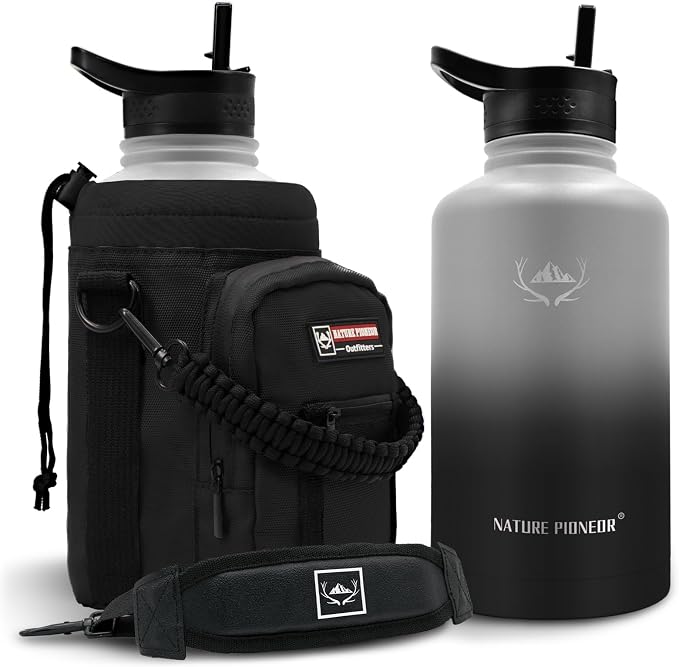 NATURE PIONEOR 64 oz Insulated Water Bottle with Carrier Bag & 3 Lids | 18/8 Food-grade Stainless Steel, Double Vacuum Insulation, 3 Leak-proof Lids, Strap, Camping, Hiking, Gym, Work by NATUREPIONEOR
