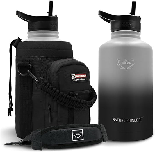 NATURE PIONEOR 64 oz Insulated Water Bottle with Carrier Bag & 3 Lids | 18/8 Food-grade Stainless Steel, Double Vacuum Insulation, 3 Leak-proof Lids, Strap, Camping, Hiking, Gym, Work by NATUREPIONEOR