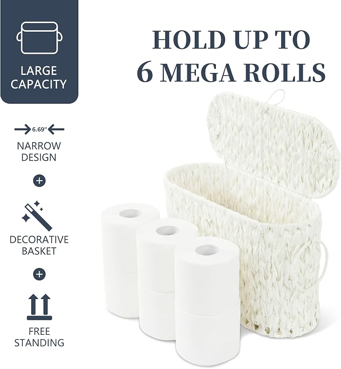 Coeusy Toilet Paper Basket,Wicker Toilet Paper Storage with Lid,Decorative Boho Wicker Basket for Bathroom,Free Standing-Cream White - Image 4