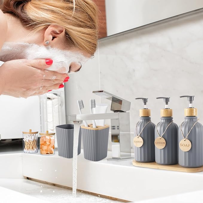Grey Bathroom Accessories Set 17PCS Bathroom Set with Trash Can 3PCS Lotion Soap Dispenser, Toothbrush Holder, Soap Dish,Tumbler Cup,6PCS Wood Tags Bath Accessories with Tray for Bathroom - Image 5