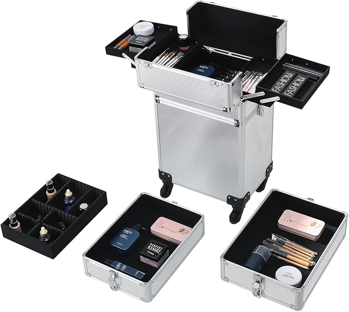 Karl home 4 in 1 Makeup Train Case Rolling Cosmetic Trolley Large Capacity Travel Organizer with Key 360°Swivel Wheels Suitcase for Beauticians Hairstylists Nail Tech Students, Silver - Image 9