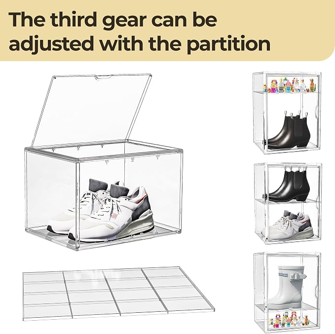 15.75''x11.81''x9.84'' XX-Large Clear Shoe Storage Boxes with Divider, Stackable Plastic Boot Boxes with Magnetic Door, Acrylic display case Box with Lids for Sneaker Purses Handbags Books (3) - Image 7