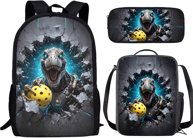 Forchrinse Dinosaur Backpack for Boys 8-10 10-12 Kids Pickleball School Backpack with Lunch Box Pencil Case 3 PCS Kids Bookbag for Elementary Japanese-Style School Bag by Forchrinse