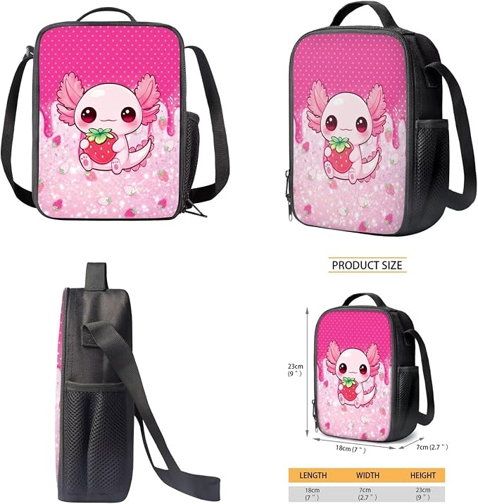 Strawberry Axolotl Kids 4-in-1 Backpack Set, Complete School Essentials – 17'' Bookbag + Insulated Lunch Box + Pencil Case, Lightweight Cute School Bag for Girls Age 6-12, Polka Dot - Image 5