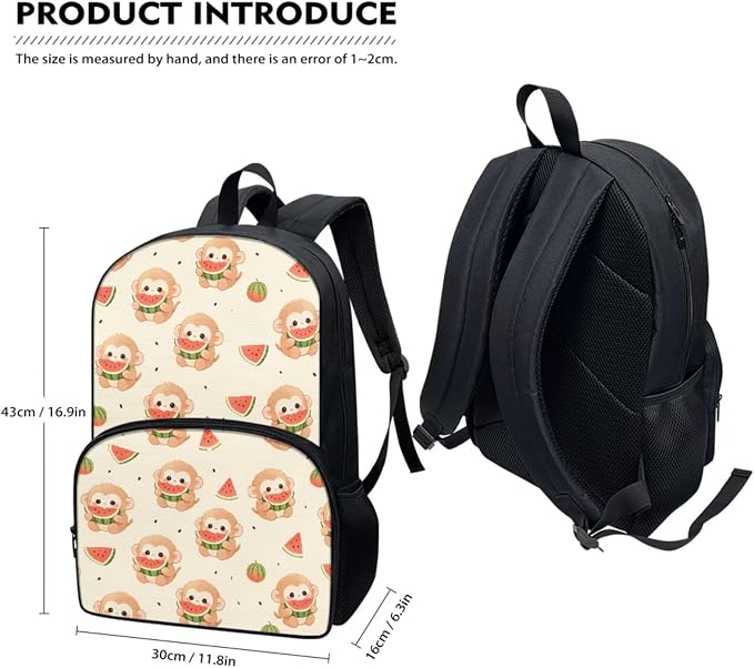 Monkey Backpack for Kids Boys Girls School Bag Set 4 in 1 Cartoon Monkey Watermelon Bookbag Lightweight 17 Inch Travel Backpack with Lunch Box Pencil Case Water Bottle Holder Daypack - Image 2