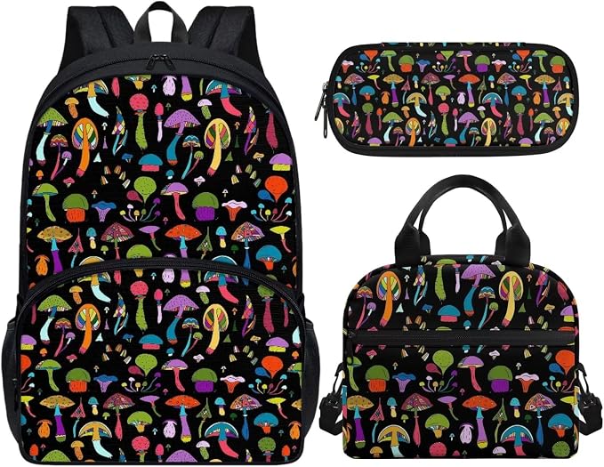 Mushroom Backpack Set for Girls Kids Lightweight Cute School Backpack with Lunch Box Pencil Case Adjustable Strap Padded Book Bag Insulated Lunch Bag - Image 2