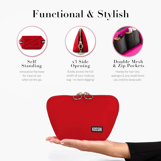 KUSSHI Washable Travel Makeup Bag for Purse (Everyday, Candy Apple Red/Pink) - Image 3