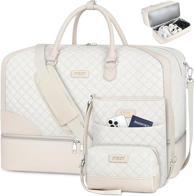 ITIEZY Weekender Overnight Bag for Women - Large Travel Duffel Bag with Shoe Compartment, Gym Duffel Bag Hospital Bag Carry On Tote Bags for Airplanes with Crossbody Bag Toiletry Bag 3Pcs Set by ITIEZY