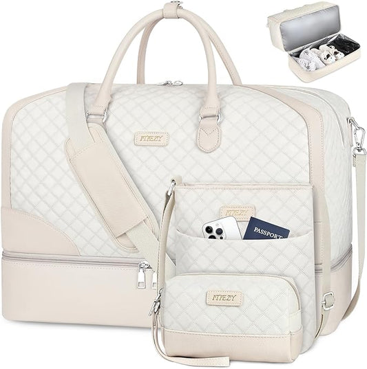 ITIEZY Weekender Overnight Bag for Women - Large Travel Duffel Bag with Shoe Compartment, Gym Duffel Bag Hospital Bag Carry On Tote Bags for Airplanes with Crossbody Bag Toiletry Bag 3Pcs Set by ITIEZY