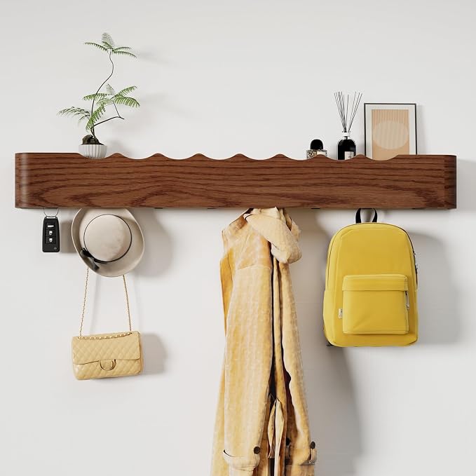 Coat Rack Wall Mount with Shelf 8 Hidden Hooks Modern Wooden Key Holder Entryway Organizer for Hallway Bedroom Bathroom Home Decor Storage for Hanging Coats Hats Bags Towels, Wave-Shape Walnut by Jadoxy