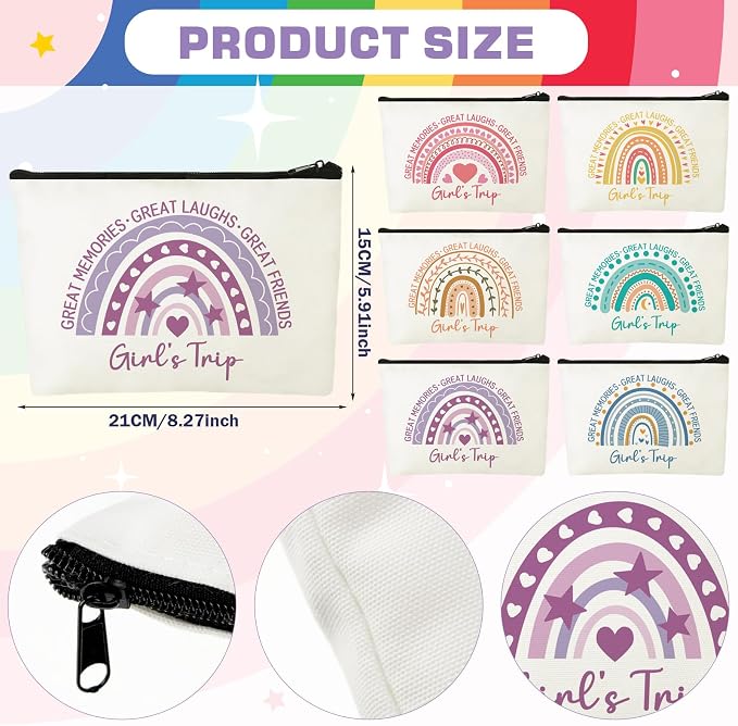 Sweetude 12 Pcs Girls Trip Makeup Bags Bulk Girls Weekend Gifts Rainbow Makeup Bag Portable Travel Cosmetic Bags with Zipper Bachelorette Travel Storage Pouch for Women Friendship Bestie Party Favors - Image 4