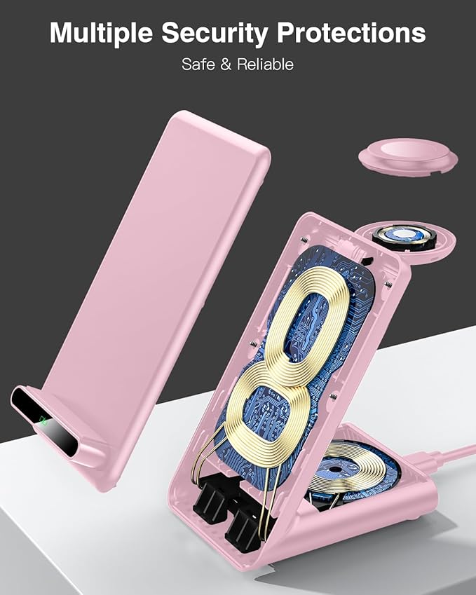 Wireless Charging Station,3 in 1 Charging Stand Made for Apple Watch Ultra 10 9 8 7 6 SE 5 4 3,Fast Wireless Charger Made for iPhone 16/15/14/13/12/11/X,for AirPods Pro(with Adapter) (Pink)