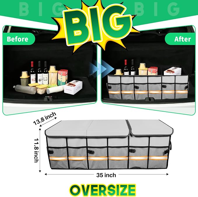 Big Car Trunk Organizer, Cargo Organizer SUV Trunk Storage Non Slip Bottom Waterproof Collapsible Durable Multi Compartments-(Oversize,Gray) - Image 3