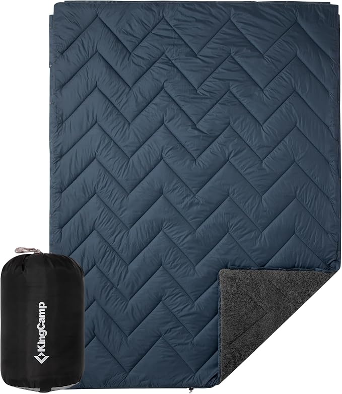 KingCamp Large Camping Blanket with Sherpa Lining, Packable Down Alternative Puffy Printed Wearable Blanket with Snap Buttons, Warm Weatherproof Quilt for Outdoor Travel (79" L x 57" W, Grey/Navy) by KingCamp