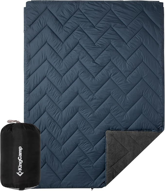 KingCamp Large Camping Blanket with Sherpa Lining, Packable Down Alternative Puffy Printed Wearable Blanket with Snap Buttons, Warm Weatherproof Quilt for Outdoor Travel (79" L x 57" W, Grey/Navy) by KingCamp