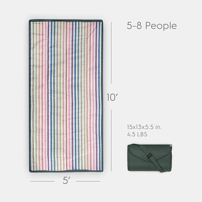 Little Unicorn 5'x10' XL Outdoor Family Picnic & Beach Blanket | Durable & Water-Resistant Fabric | Compact Fold & Easily Wipes Clean | Zipper Pocket (Chroma Rugby Stripe) - Image 2
