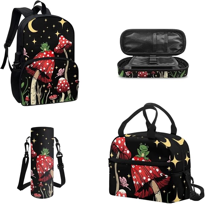 4 PCS Cute Frog Mushroom Backpack Girls Moon Stars Mushroom Schoolbag With Insulated Lunch Bag Crossbody Water Holder Case Pencil Box,Child School Bag Sets for Travel/Sports/Hiking - Image 2