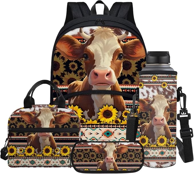 Cute Aztec Cow Sunflowers Backpack Set for Kids School Bag with Lunch Box/Water Bottle Sleeve/Pencil Pen Case, 4 in 1 Daypack Set for Outdoor Camping Travel Picnic by Glomenade