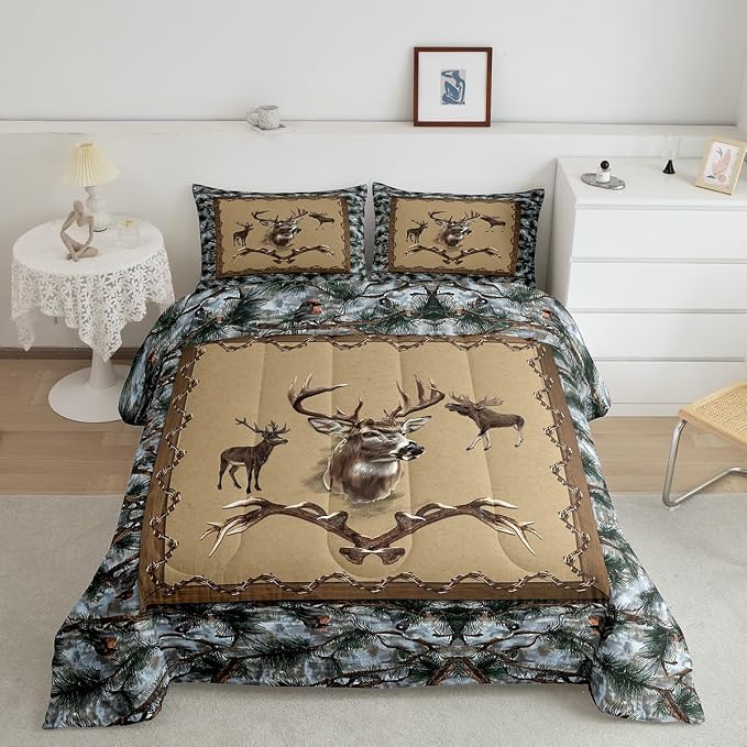 Erosebridal Rustic Moose Comforter Sets Twin Cabin Hunting Animal Bedding Set for Youth Adult Woodland Trees Quilt Inner Fill Southwestern Down Comforter with 1 Pillow Sham Ultra Soft - Image 2