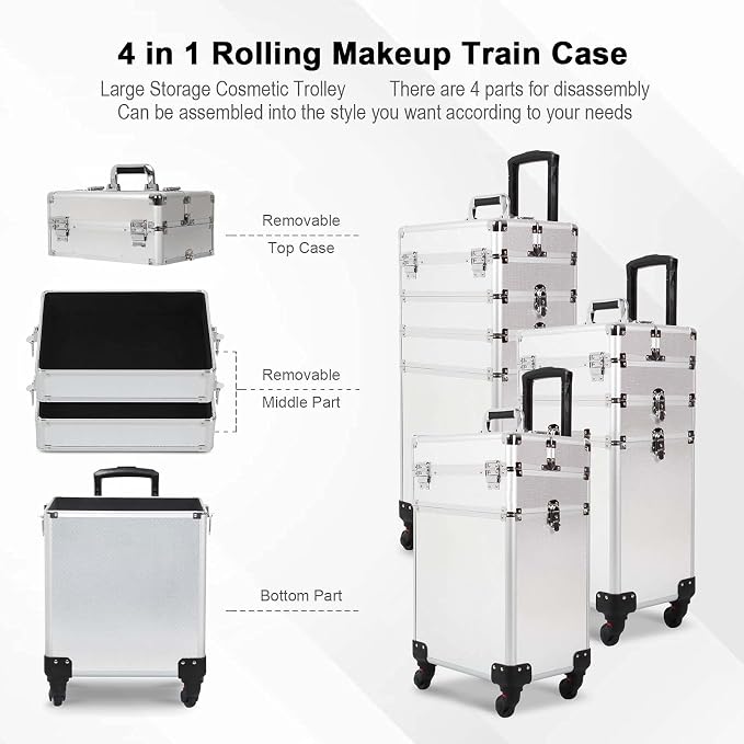 4 in 1 Rolling Makeup Train Case, Large Storage Cosmetic Trolley Makeup Travel Case with Key & Wheels Salon Barber Case Traveling Cart Trunk (SILVER) - Image 2