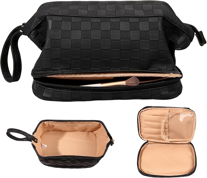 Abiudeng Large Capacity Makeup Bag Ladies Cosmetic Bag Travel Bag with Compartments Portable PU Leather Travel Makeup Bag with Handle by Abiudeng