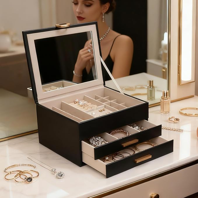 Large Jewelry Organizer Box with Mirror - Features Ring Rolls, Necklace Hooks, Earring Slots, Plush Interior for Luxury Protection Black - Image 7