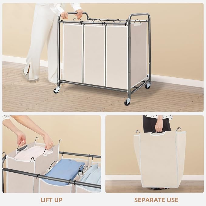 STORAGE MANIAC 3 Section Laundry Sorter, 35.6 Gal (135 L) Laundry Hamper Cart with Heavy Duty Rolling Lockable Wheels and Removable Bags, Clothes Organizer Basket Separator Hamper, Beige - Image 4
