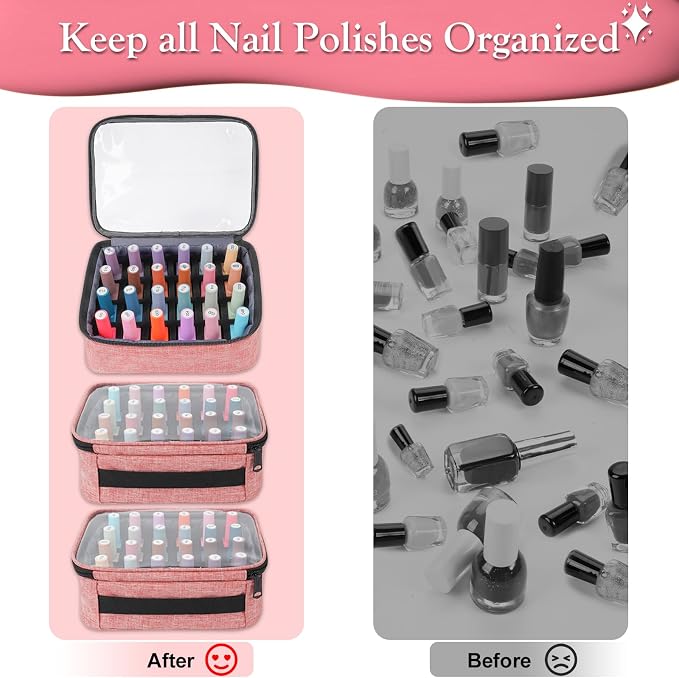 YOREPEK Nail Polish Organizer with 3 Removable Pouches for 72 Bottles, Pink | Large Nail Polish Carrying Case with 4 Zippered Pockets for Manicure Tools, Supplies, Nail Lamp, Gifts for Women - Image 7